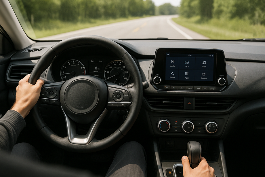 Driver and vehicle interior showing dashboard and controls